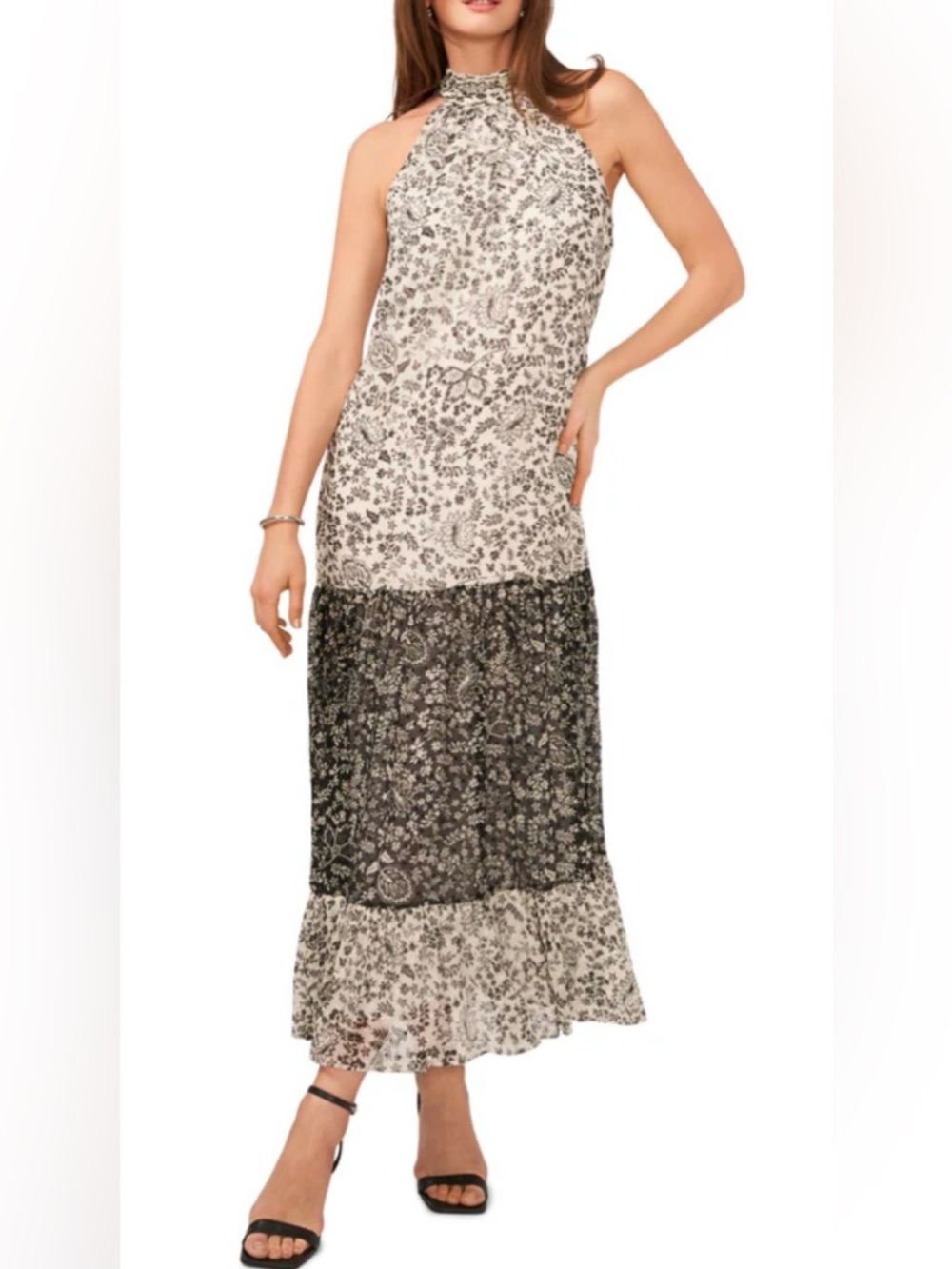 Vince Camuto Black and White Floral bow back tiered Maxi dress
